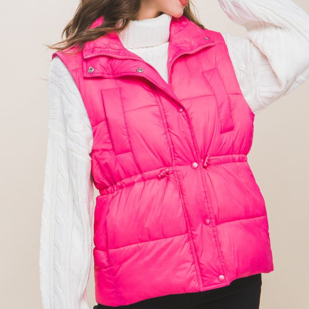 Zip Up Button Puffer Vest With Waist Toggles-Fuchsia